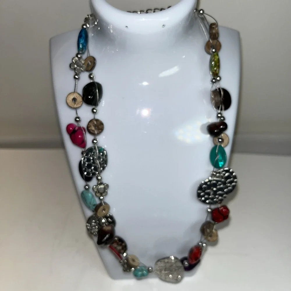 Necklace Multicolored Stones Wood Silver Two Strand Bohemian Textured Ethnic